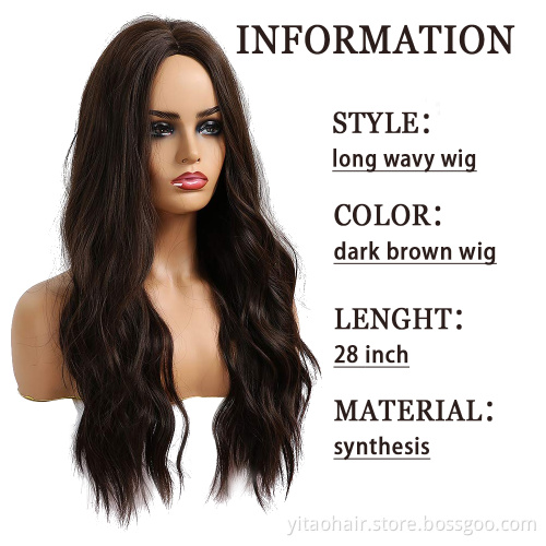 Wholesale Dark Brown Wavy Wig Middle Part Long Wavy Wigs High Quality Natural Hair Wave Synthetic Wig Cosplay Hair
